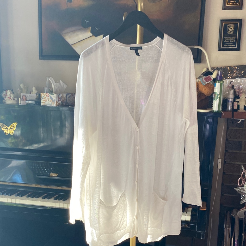 Eileen Fisher White Organic Linen Cotton Blend V-Neck Button Cardigan